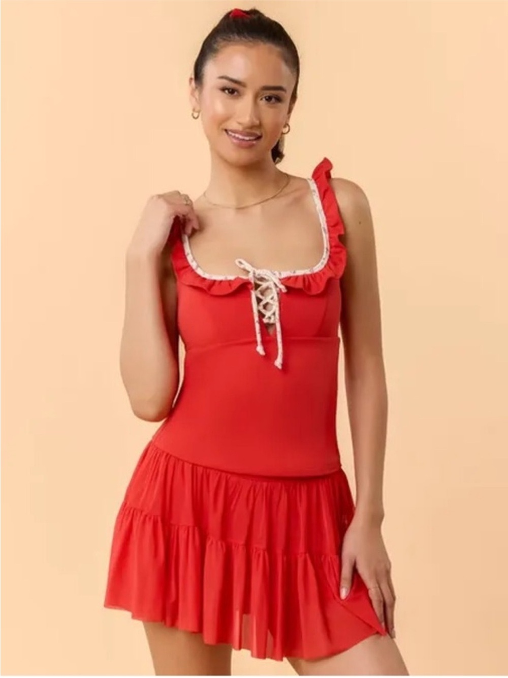 Blogilates Red Ruffle Tie-Front Tank Top - Picture 4 of 6